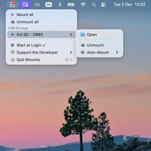 Mountio device actions menu with mount, unmount, and open in Finder options