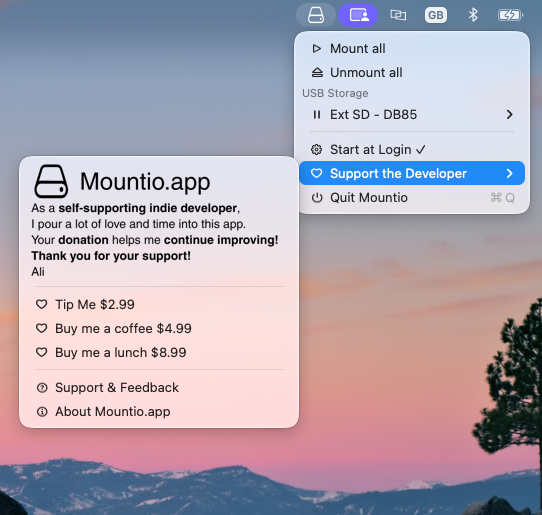 Mountio support and donation options menu